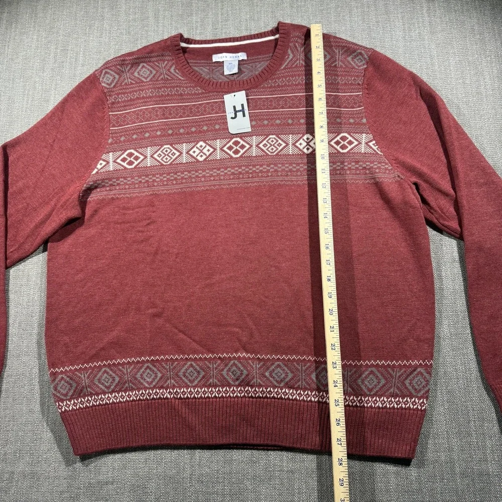 John Henry Sweater Mens 2XL Red Fair Isle Knit Crewneck Pullover Nordic